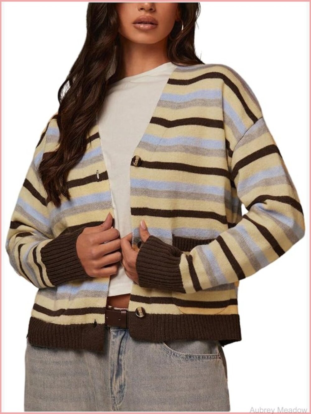 V Neck Button Down Striped Cardigan Long Sleeve Knit Sweater